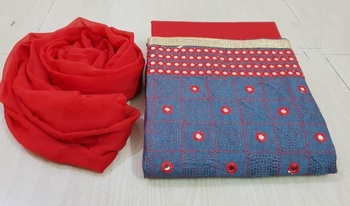 Blue Color Cotton Embroidered Churidar Material For Women