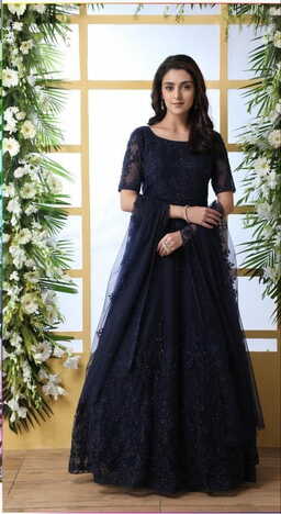 Navy Blue Net With Thread Embroidered Stone Pasting Design Online