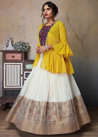 Yellow Color Occasion Wear Weaving Zari Silk Banarasi Lehenga Indo Western