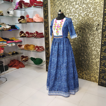 Striking Blue Color Embroidered Printed Full Stitched Crape Gown