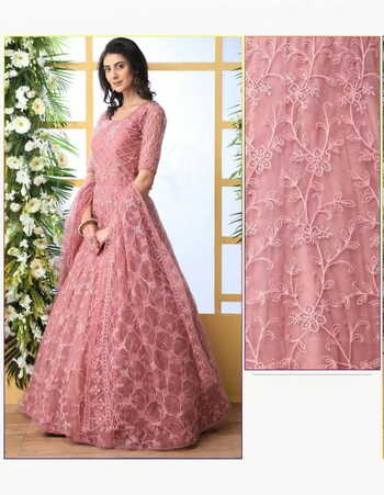 Dusty Peach Net With Thread Embroidered Work Pasting Stone Design Online