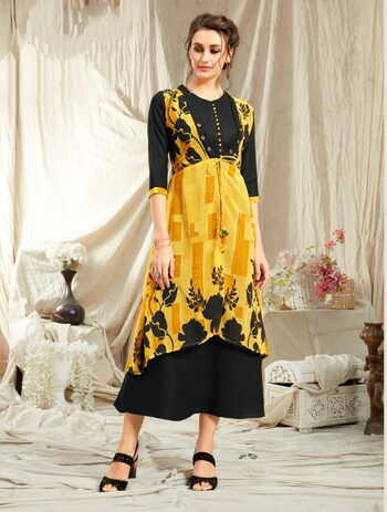 Beautiful Yellow Color Georgette Diamond Jacket With Rayon Kurti VT2123111D