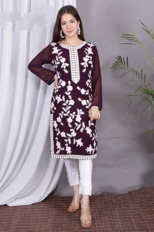 Wine Color Ready Made Georgette Embroidered Work Pent Kurti