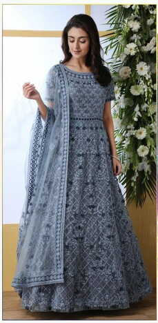 Grey Net With Thread Embroidered Work Stone Pasting Design Online