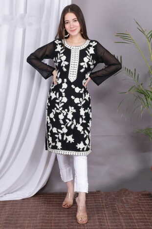 Black Ready Made Georgette Casual Wear Embroidered Work Kurti Pent