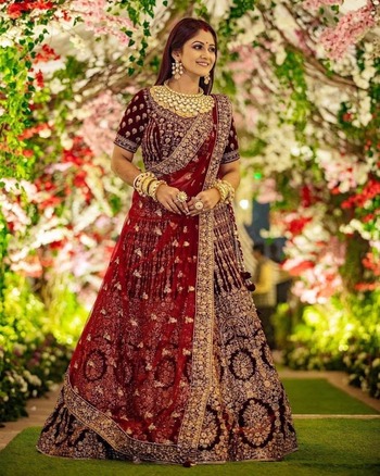 Maroon Color Wedding Wear Velvet Embroidered Work Lehnega Choli