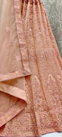 Bridal Wear Light Orange Color Soft Net Designer Multi Embroidered Zari Diamond Touch Up Zarkan Work Lehenga Choli