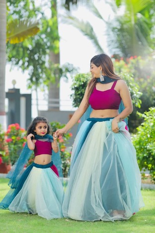 Blue Color Net Wedding Wear Mother Daughter Lehnega Choli