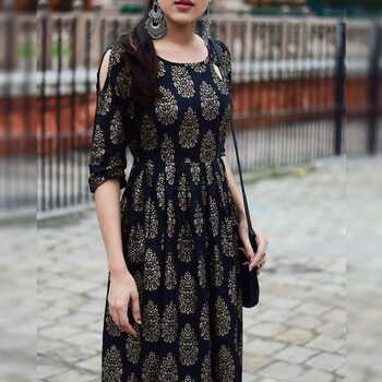 Brilliant Black Rayon Printed Full Stitched Kurti For Party Wear MINIAB182A