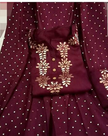 Refreshing Maroon Rayon Cotton Kurti Semistitched Gota Work Full Stitched Palazo With Najeem Dupatta Set For Women VT3034102D