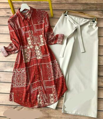 Nice Red Color Ready Made Stylish Cotton Digital Printed Plazo Kurti