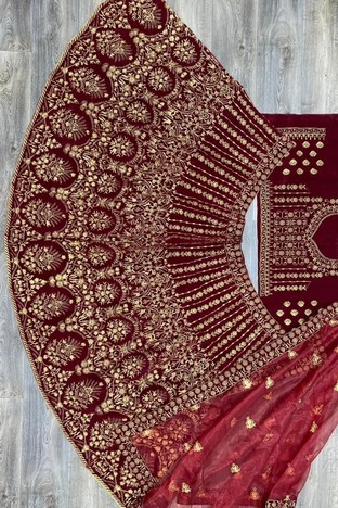 Maroon Color Wedding Wear Velvet Embroidered Work Lehnega Choli