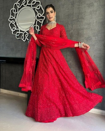 Red Color Net Sequence Work Bridal Wear Lehenga Choli