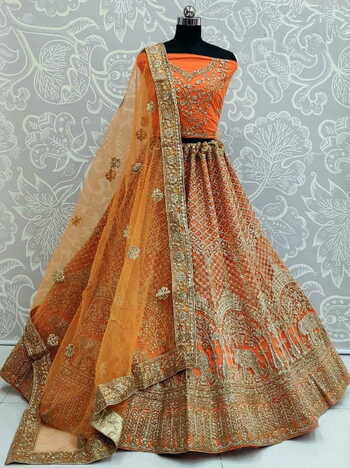 Orange Soft Net Dori Zari Diamond Work Lehenga Choli For Wedding Wear