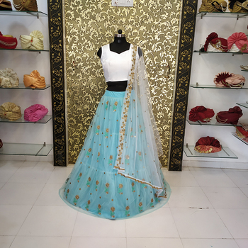 Jazzy Light Blue Color Net Embroidered Ruffle Lehenga Choli For Wedding Wear