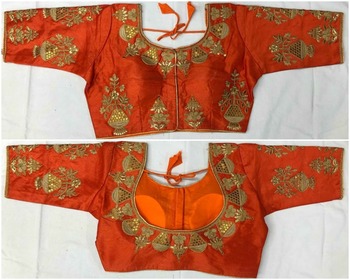Outstanding Orange Color 2 Tone Silk Embroidered Stitched Blouse Design