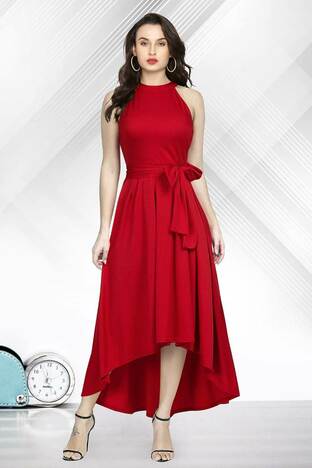 Staggering Red Color Full Stitched Festive Wear Rayon Designer Western Wear Gown Design