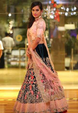 Engaging Peach Color Machine Embroidered Flower Design Work Fancy Velvet Function Wear Lehenga Choli