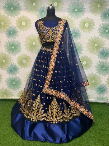 Excellent Navy Blue Net Party Wear Embroidered Zari Work Lehenga Choli