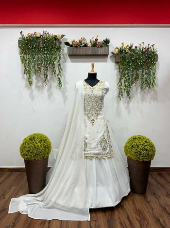 Appealing White Color Designer Georgette Embroidered Work Indo Western Lehenga For Wedding Wear
