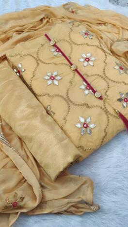 Lovely Yellow Colour Chanderi Cotton Gota Patti Work Salwar Suit For Women