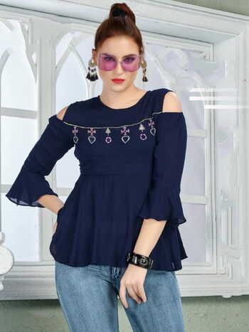 Refreshing Navy Blue Color Ready Made Rayon Cotton Embroidered Work Western Top