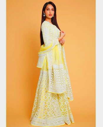 Flattering Yellow Georgette Designer Chine Stitched Work Plazo Salwar Suit