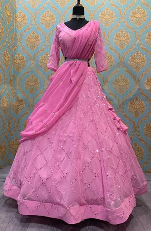Enchanting Pink Color Sequence Embroidered Work Georgette Wedding Wear Lehenga Choli