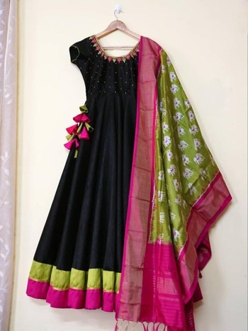 Black Wedding Wear Silk Doya Fumka Embroidered Work Ready Made Dupatta Gown