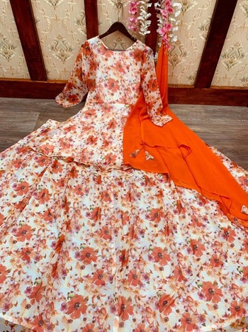 Orange Color Georgette Printed Indo Western Suit For Women
