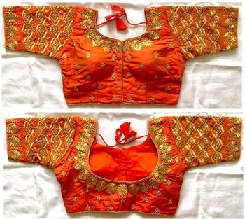 Unique Orange Thread Work Silk Readymade Blouse Design Online