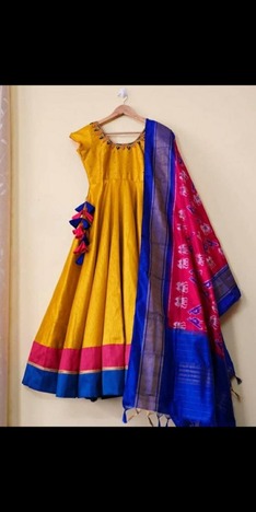 Yellow Silk Doya Fumka Embroidered Work Ready Made Dupatta Gown