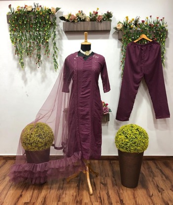 Wine Color Ready Made Rayon Thread Work Salwar Suit