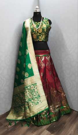 Green Banarasi Readymade Padded Blouse And Banarsasi Dupatta Lehenga Choli