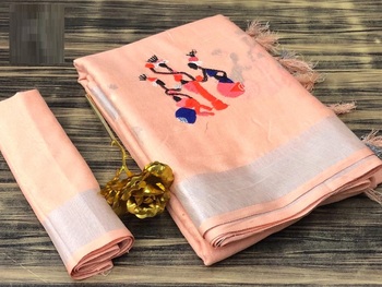 Function Wear Peach Color Linen Cotton Saree Online Design