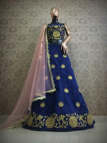 Wondrous Navy Blue Color Wedding Wear Diamond Silk Designer Embroidered Work Lehenga Choli