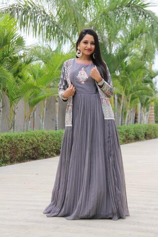 Winsome Grey Color Full Stitched Georgette Fancy Embroidered Work Gown Koti For Function Wear