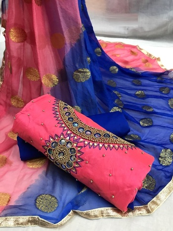 Refreshing PinkBlue Colored Embroidered Chanderi Silk Dress Material