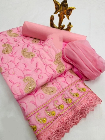 Delightful Pink Color Cotton Embroidered Work Dress Material For Function Wear