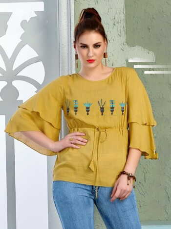 Winning Mustard Color Ready Made Cotton Rayon Embroidered Work Top For Girls