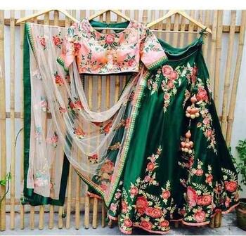 Pretty Green Color Festive Wear Satin Malai Flower Embroidered Machine Work Lehenga Choli For Ladies