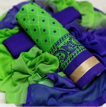 Refreshing Party Wear Green Color Embroidered Cotton Dress Material