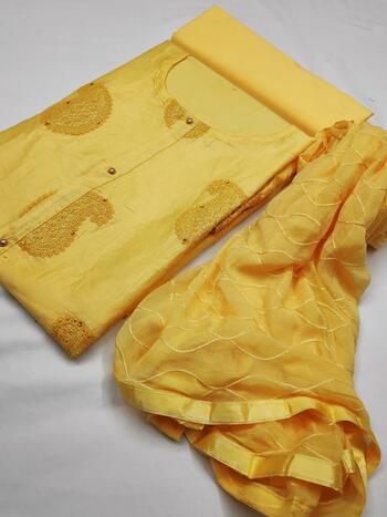 Party Wear Yellow Colour Cotton Unstitched Salwar Suit With Nazmin Work Dupatta