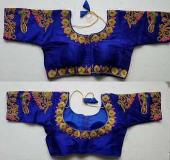 Royal Blue Silk Thread Work Readymade Blouse Design Online