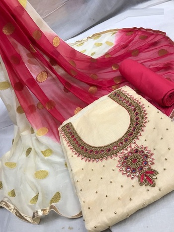 Cream Color Party Wear Handwork Embroidered Chanderi Silk Dress Material
