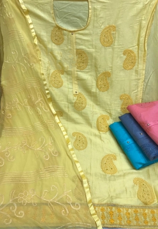 Party Wear Yellow Colour Cotton Unstitched Salwar Suit With Nazmin Work Dupatta