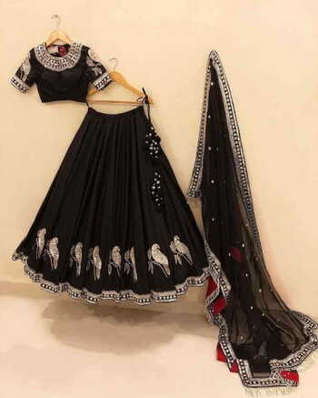 Pleasing Black Color Beautiful Bird Silver Embroidered Work Malai Satin Lehenga Choli For Festive Wear