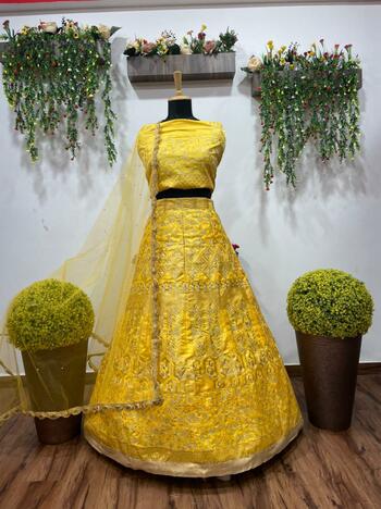 Enthralling Yellow Color Function Wear Satin Banglori Embroidered Work Lehenga Choli