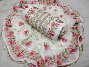 White Chanderi Silk With Pink Embroidred Flower Work Dress Material
