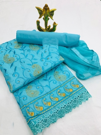 Charming Blue Color Cotton Designer Embroidered Work Salwar Suit For Women